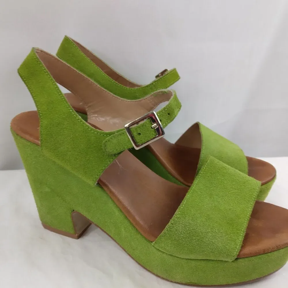 V1969 19v69 Italia Green Suede Open Toe Ankle Strap Chunky Platform Heels 39 - Picture 2 of 15